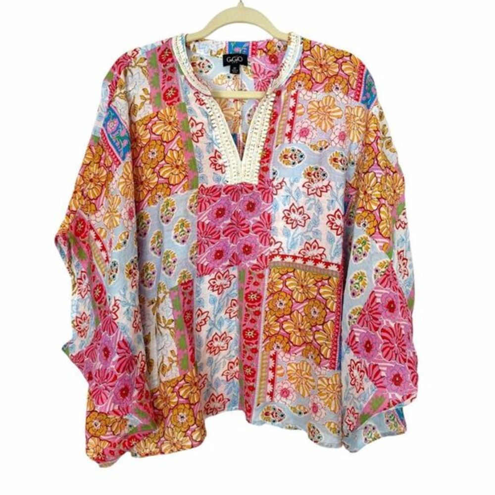 Gigio Blouse Top Womens Medium Multicolor Floral Patchwork Dolman Sleeve Boho